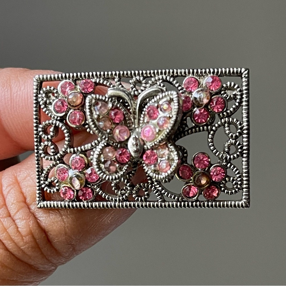 Shades Of Pink Crystals Rhinestones Scroll Framed Butterfly Florals Brooch Pin